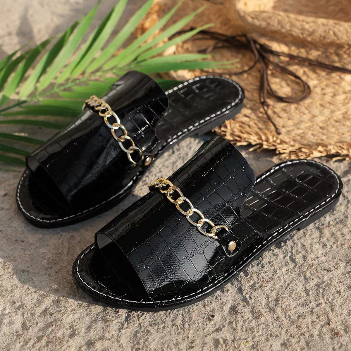 Pattern Chains Sandals Summer Fish Mouth Flats Women's Casual Vacation Beach Slippers