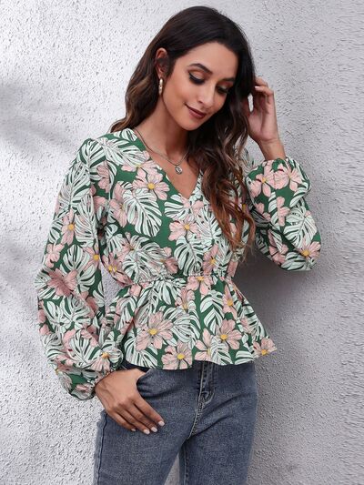 Floral V-Neck Balloon Sleeve Peplum Blouse - Munsieur