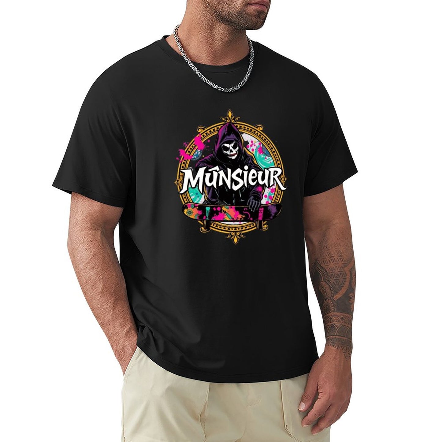 Munsieur New Skool Tee for Men – Skull Skateboard Graphic Tee