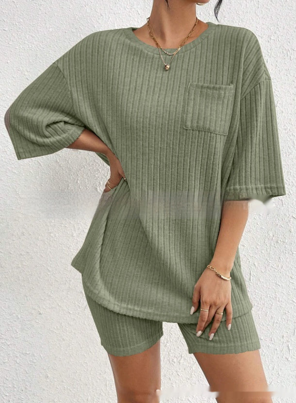 Women's Fashion Rib Knitted Home Clothes 2-piece Romper Set