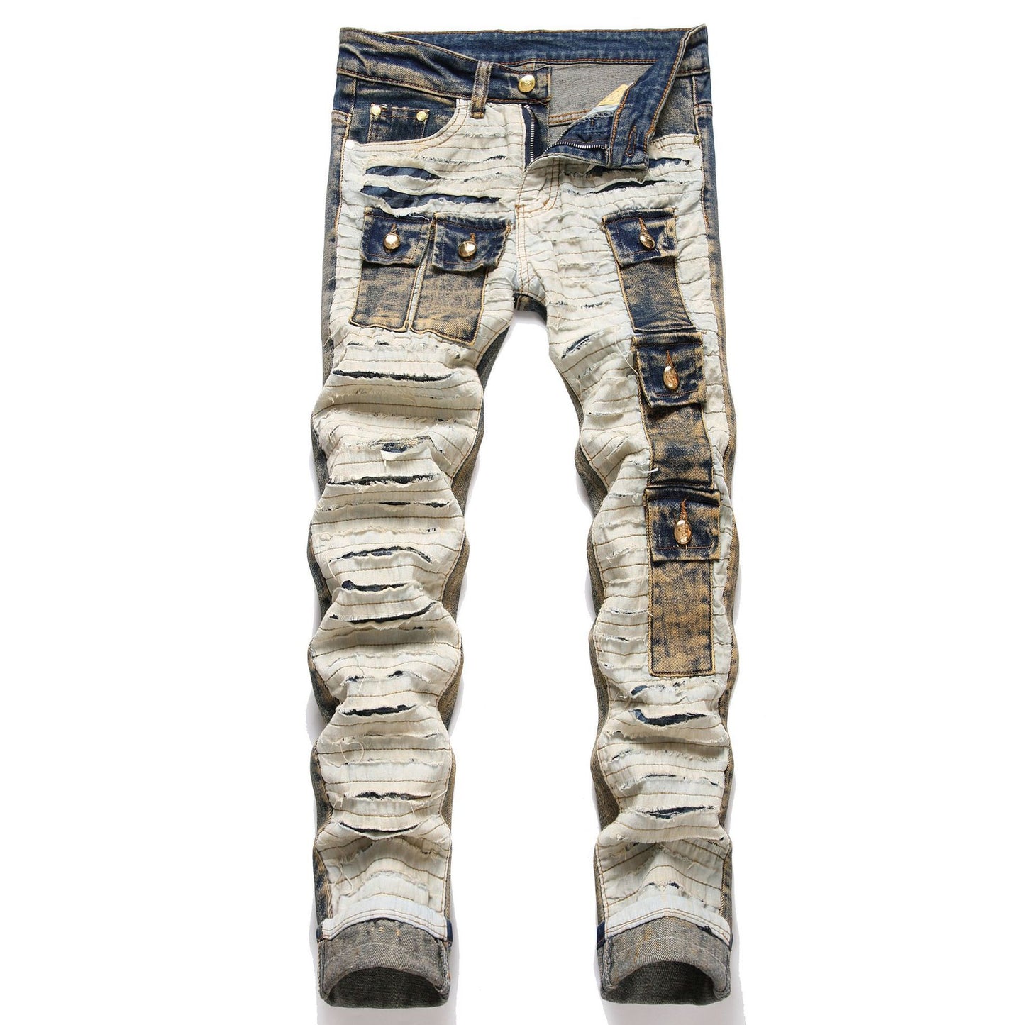 Men's Spliced Cut-off Multi-pocket Trendy Slim Fit Mid-rise Pants