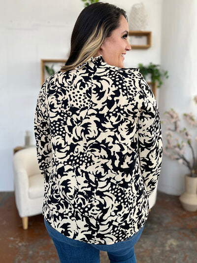 Double Take Full Size Printed Ruffle Trim Balloon Sleeve Shirt - Munsieur