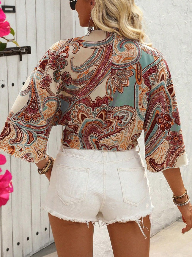 Women Bohemian Style Printed Long Sleeve Tie-Up T-shirt