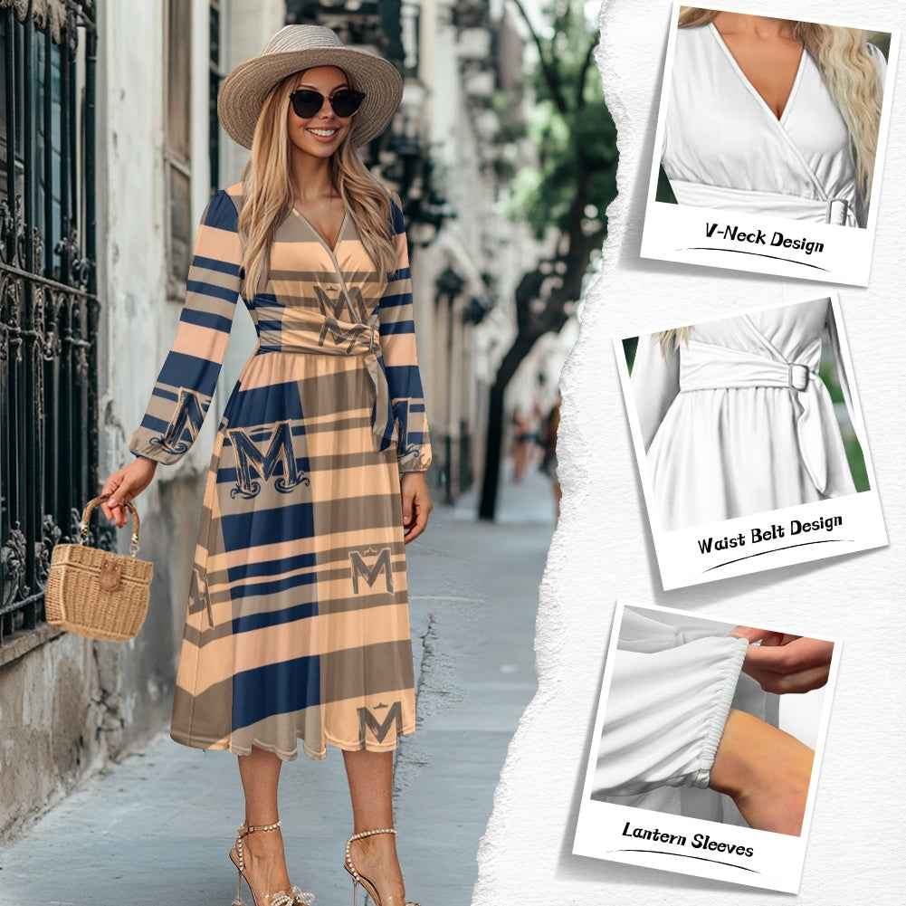 V-Neck Long Sleeve Tie Waist Midi Dress