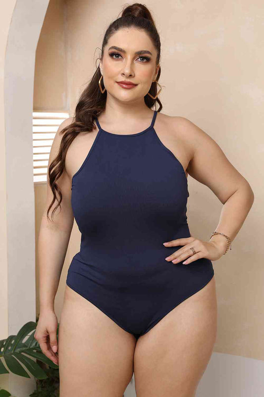 Plus Size Halter Neck Spaghetti Strap Bodysuit - Munsieur