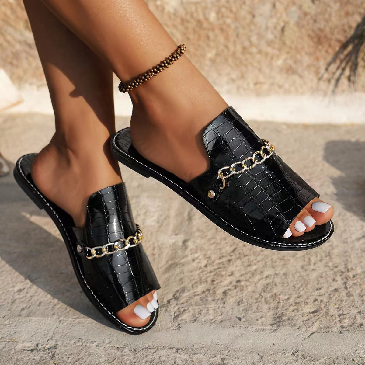 Pattern Chains Sandals Summer Fish Mouth Flats Women's Casual Vacation Beach Slippers
