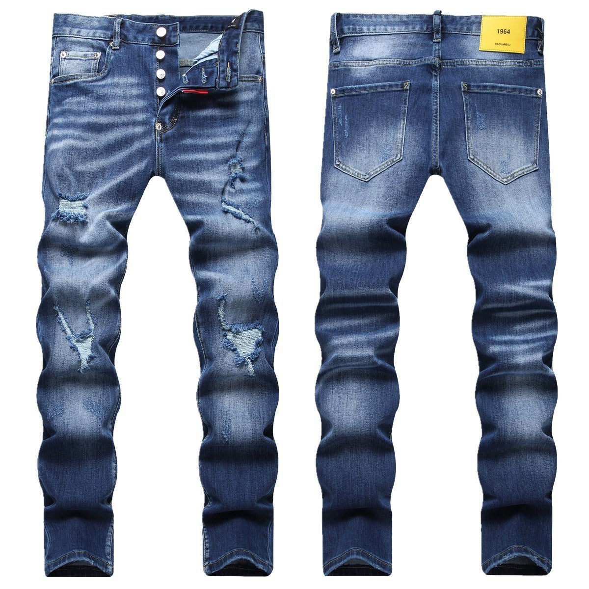 New Blue Color Ripped Street Fashion Slim Stretch Denim Pants for Men