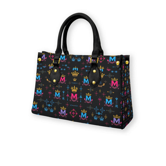 Munsieur black handle women's handbag with colorful crown and M patterns on black background