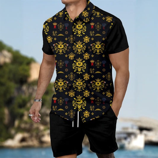 Munsieur bold print summer tee for men featuring black background with vibrant gold and red designs