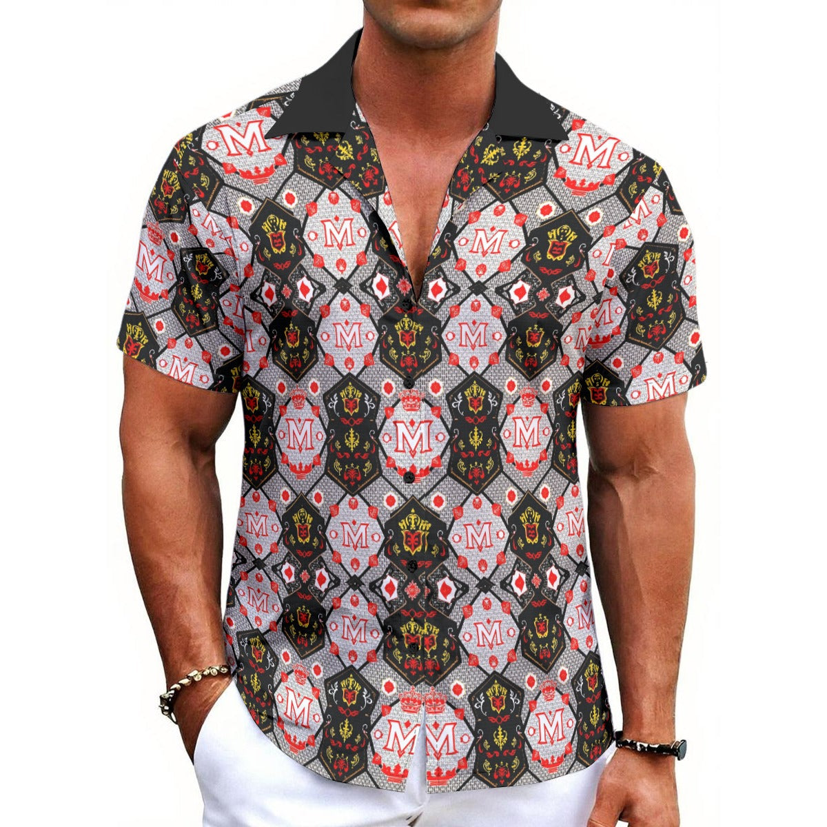 Munsieur all-over print button up tee with black collar and red white black patterned design