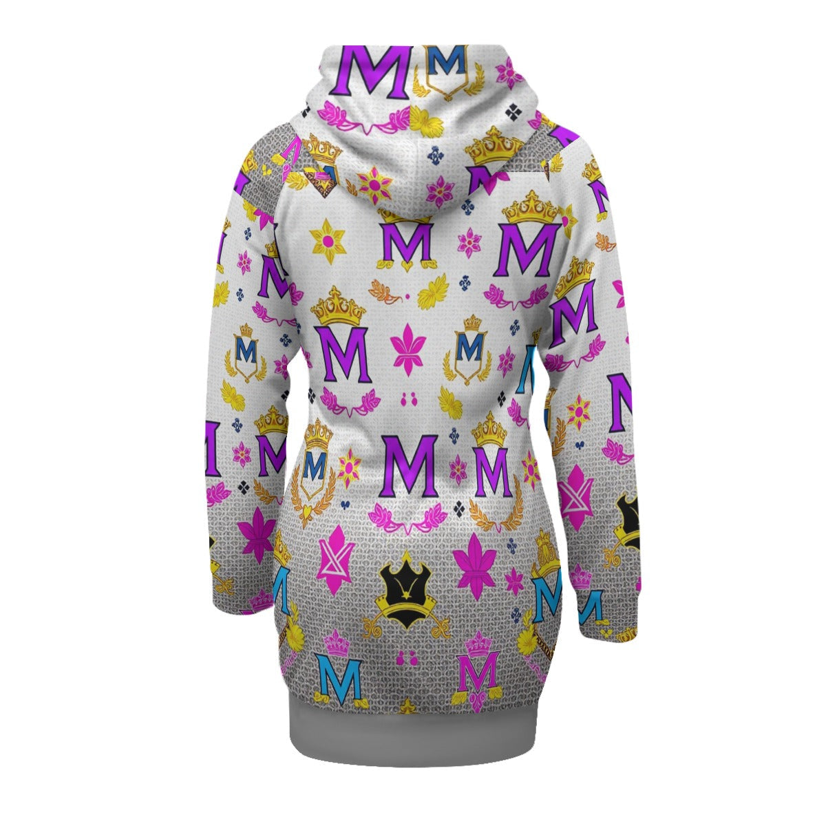 Munsieur women's streetwear sweater dress with colorful M and crown patterns on white background