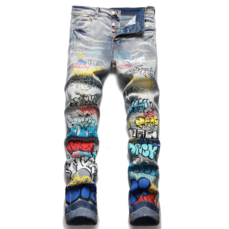 Punk Trendy Retro Blue Ripped Slim-fit Men's Pants