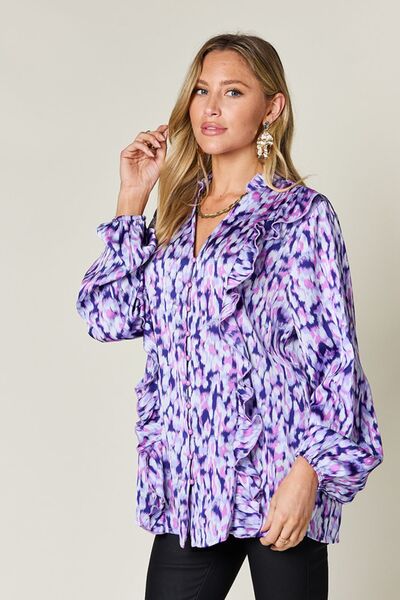 Double Take Full Size Printed Ruffle Trim Balloon Sleeve Shirt - Munsieur