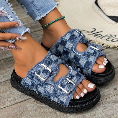 Raw Edge Checkered Cloth Buckle Sandals - Munsieur
