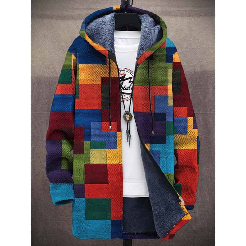 Men's Coat Winter Print Plush Lining Thick Windbreaker Long Sleeve Zipper - Munsieur