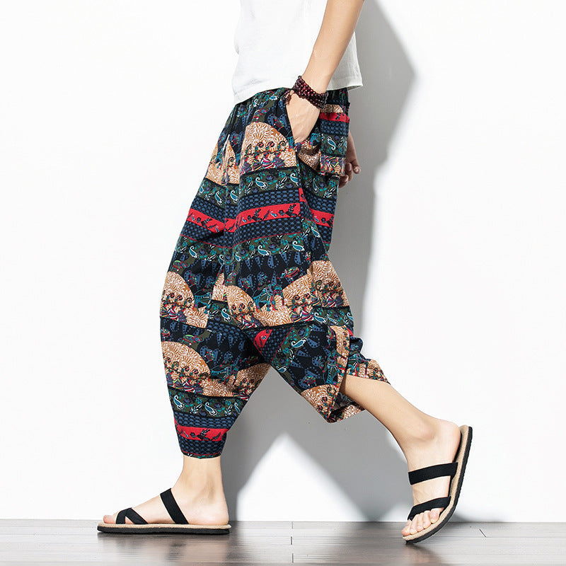 Men's Printed Asian Style Cotton And Linen Loose Joggers