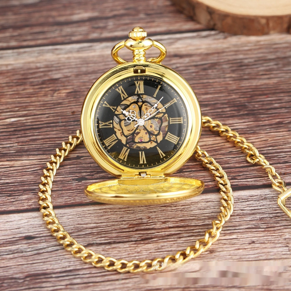 Gold Double-sided Carved Shield Manual Manipulator Pocket Watch