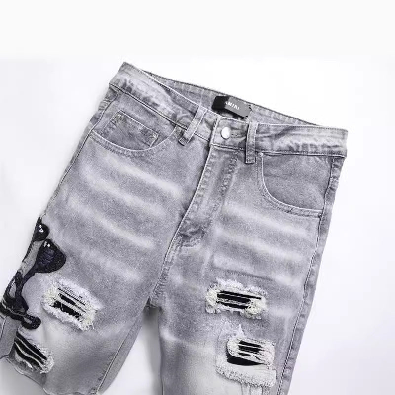 Men's Designer Fashion Gray Hole Patched Embroidery Cobra Stretch Pants
