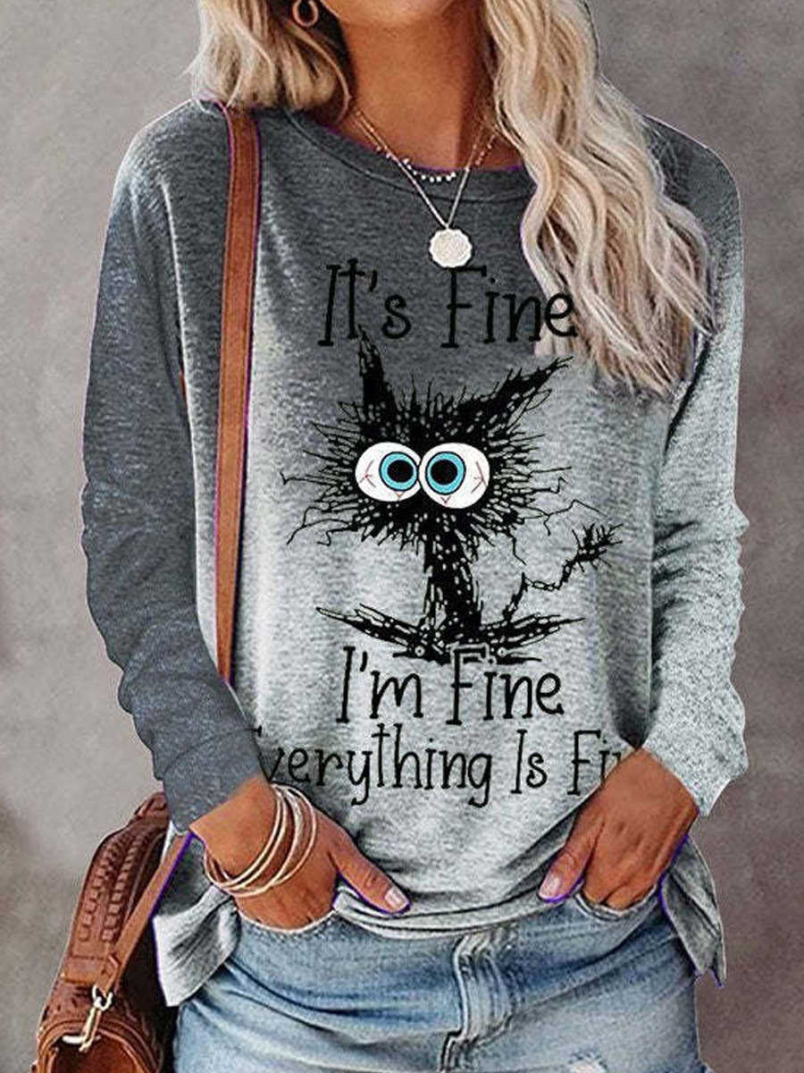 Halloween Gradient Print Long-sleeved T-shirt Round Neck Women