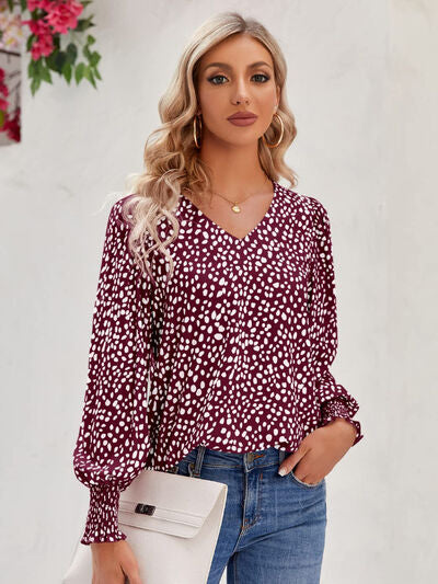 Printed V-Neck Lantern Sleeve Blouse - Munsieur