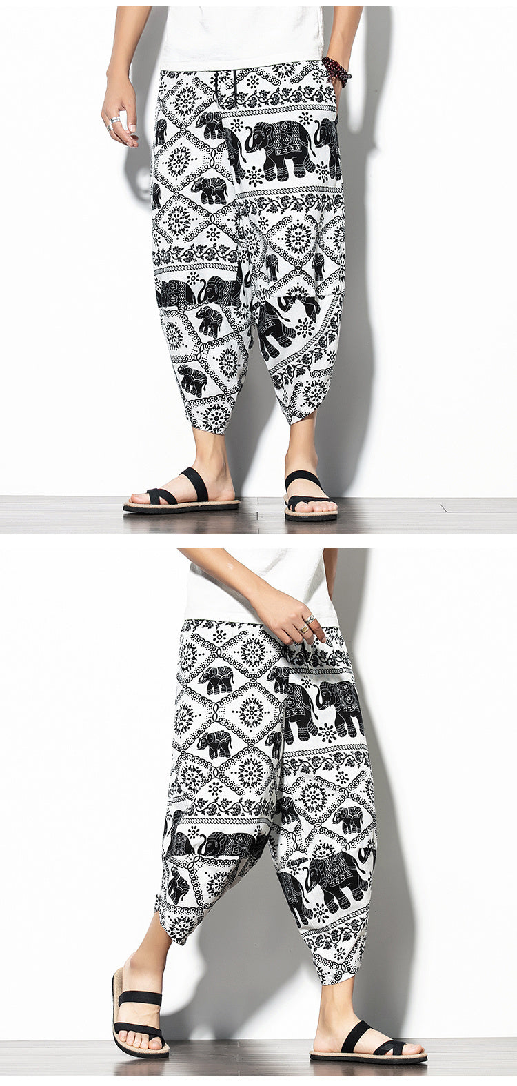 Men's Printed Asian Style Cotton And Linen Loose Joggers