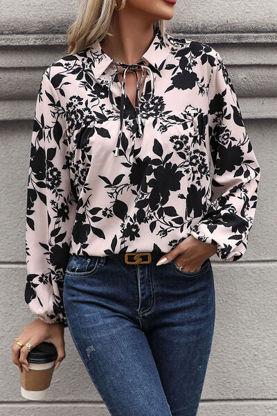Perfee Printed Tie Neck Balloon Sleeve Blouse - Munsieur