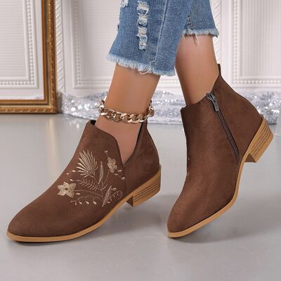 Embroidered Suede Point Toe Block Heel Boots - Munsieur