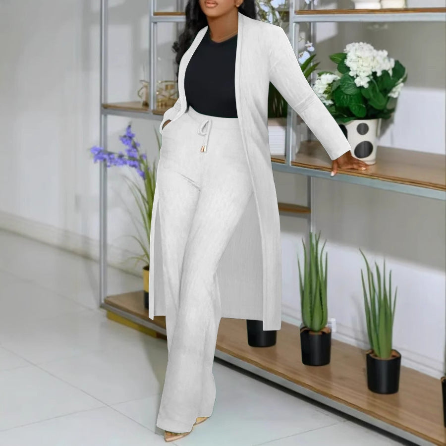 Women's Long Cardigan Jacket Sunken Business suit Stripe Wide Leg Two-piece Set