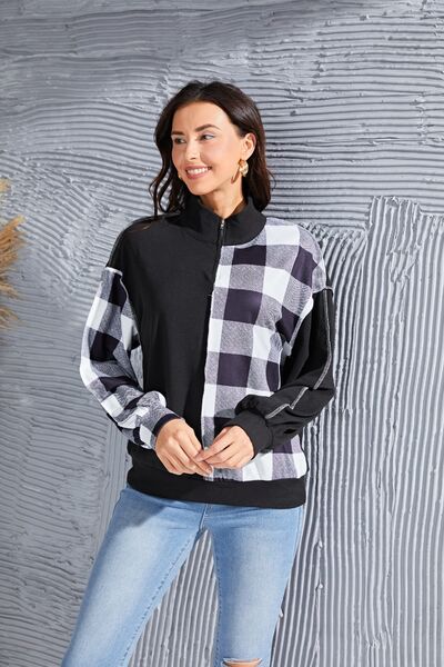Plaid Exposed Seam Long Sleeve Blouse - Munsieur