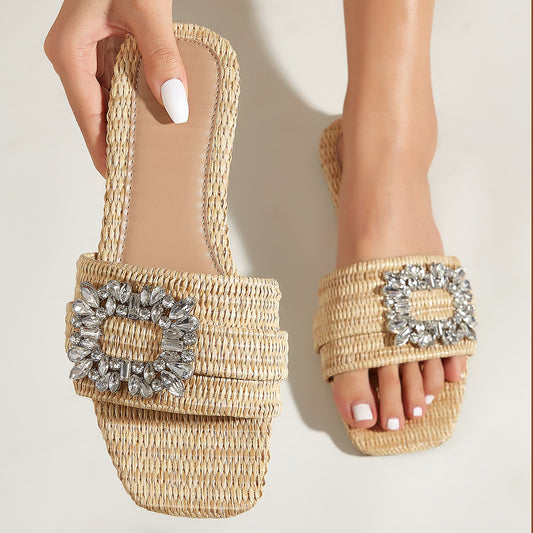 Square Head Straw Rhinestone Flats For Outdoors Vacation Leisure Slippers Women