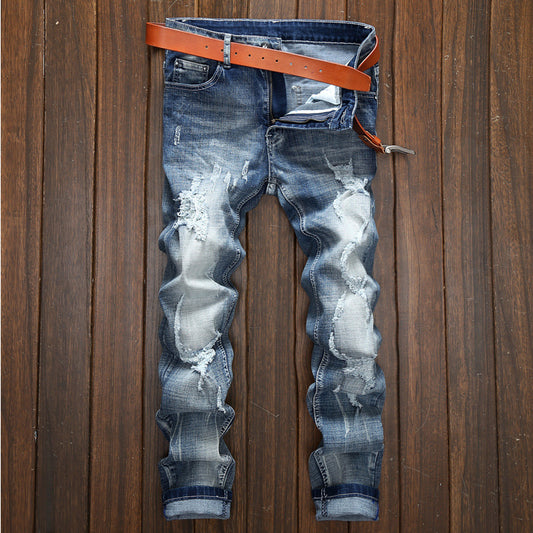 Light-colored Ripped Men's Scraped Broken Trousers Slim Small Straight Leg Pants
