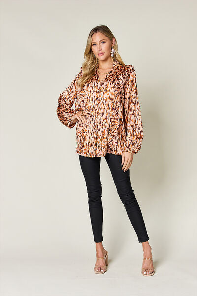 Double Take Full Size Printed Ruffle Trim Balloon Sleeve Shirt - Munsieur