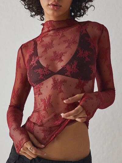 Lace Mock Neck Long Sleeve Blouse - Munsieur