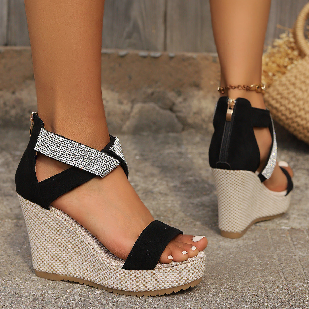 Fish Mouth Wedges Sandals With Rhinestone Design Fashion Summer Platforms For Women