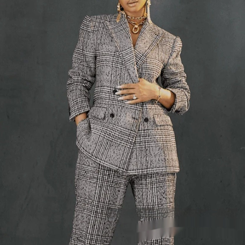 Women's Plaid Jacket Suit Loose Trousers Two-piece Suit