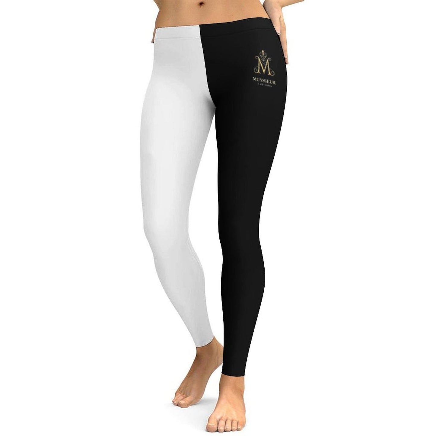 Stylish black and white leggings featuring a logo, ideal for comfortable leggings for urban fashion
