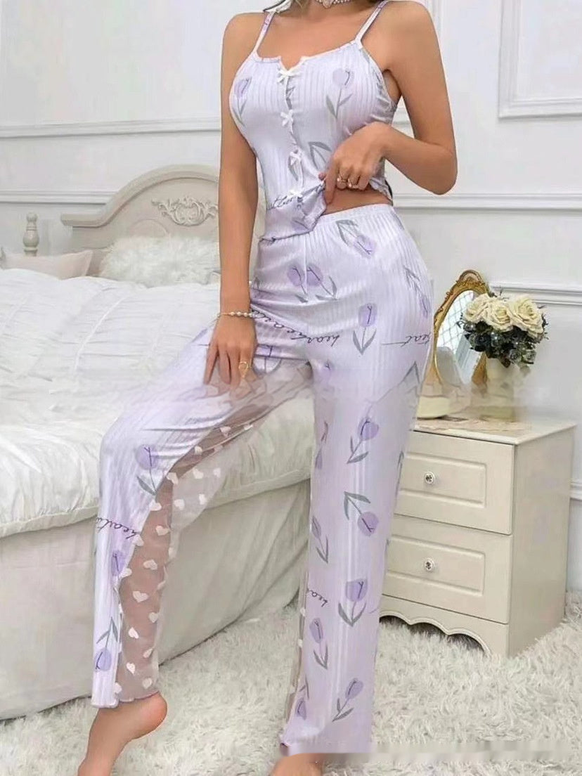 Printed Color Contrast Patchwork Women's Lingerie Pajamas Front Split Sling