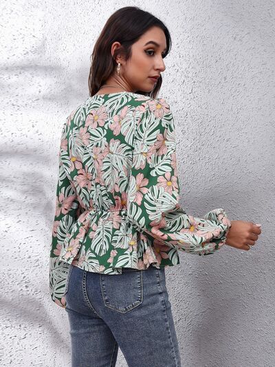 Floral V-Neck Balloon Sleeve Peplum Blouse - Munsieur