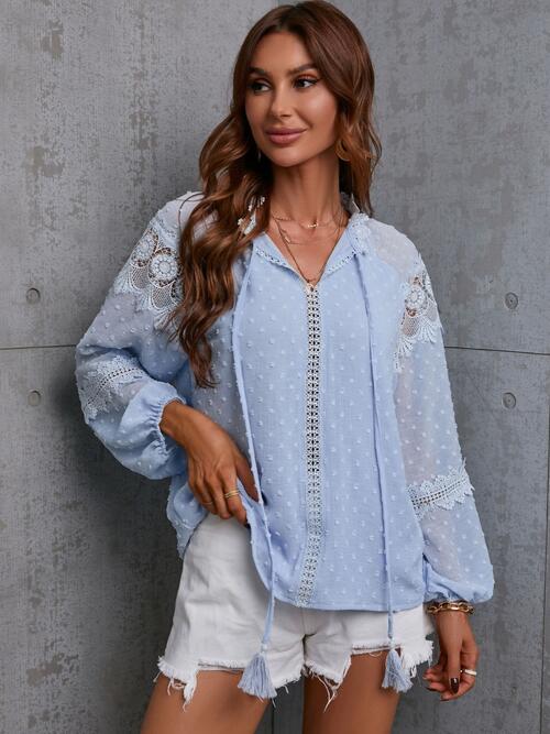 Crochet Tassel Tie Neck Long Sleeve Blouse - Munsieur