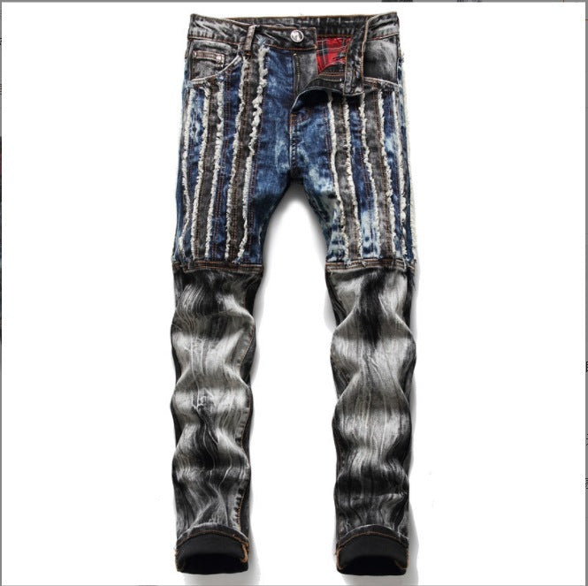 Embroidered Patched Hole Slim Stretch Men's Pants Designer Street Casual