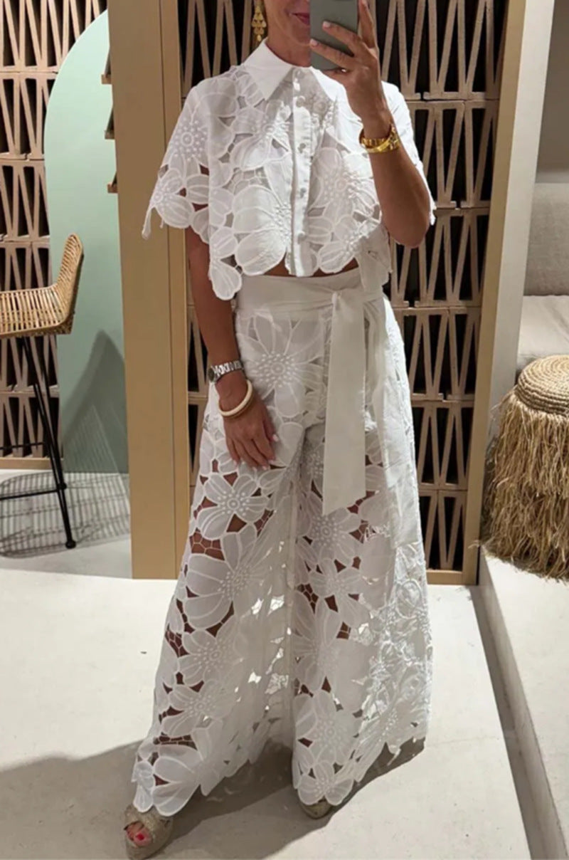 Solid Color Sexy Cutout Cardigan Blouse Wide Leg Two-piece Set - Munsieur