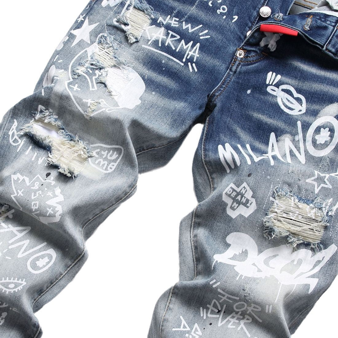 Men's Patchwork Random Line Embroidery Hole Patched Straight-leg Pants