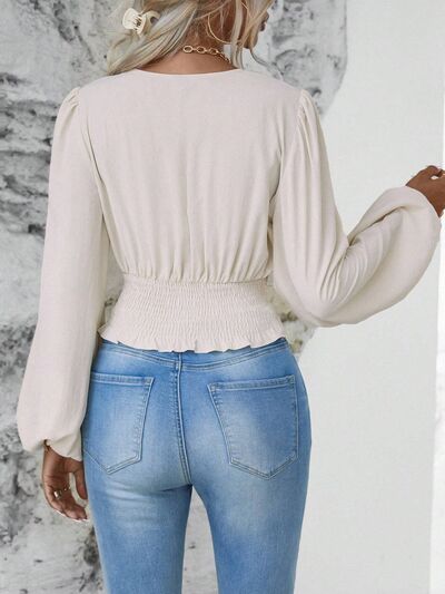 Smocked Surplice Balloon Sleeve Top - Munsieur