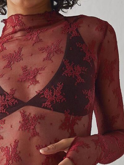Lace Mock Neck Long Sleeve Blouse - Munsieur