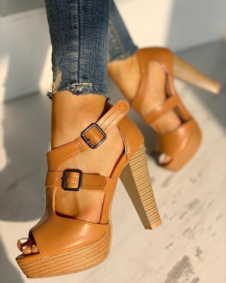 Women's Fashion All-match Fish Mouth Chunky High Heels