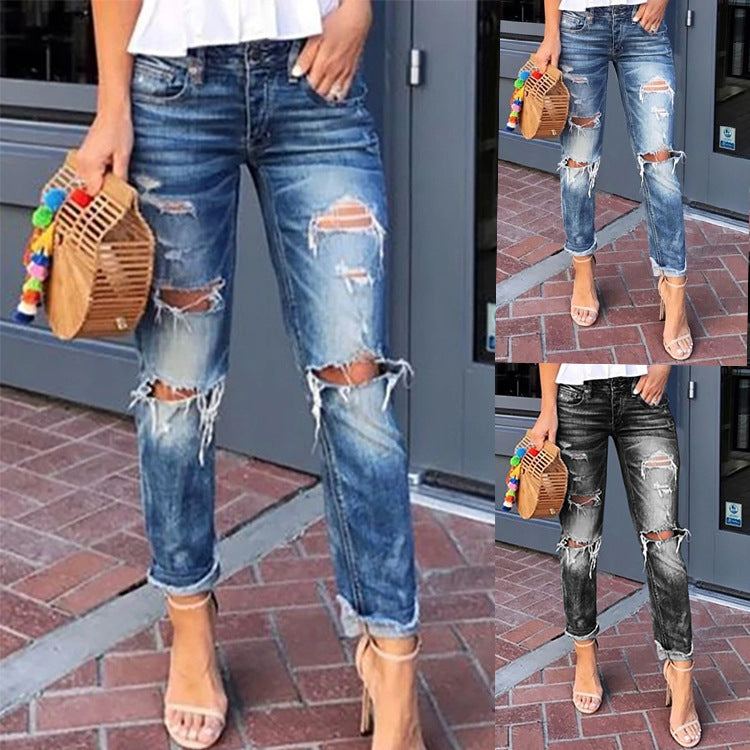Women's Jeans Ripped Washed Slimming Straight-Leg Style