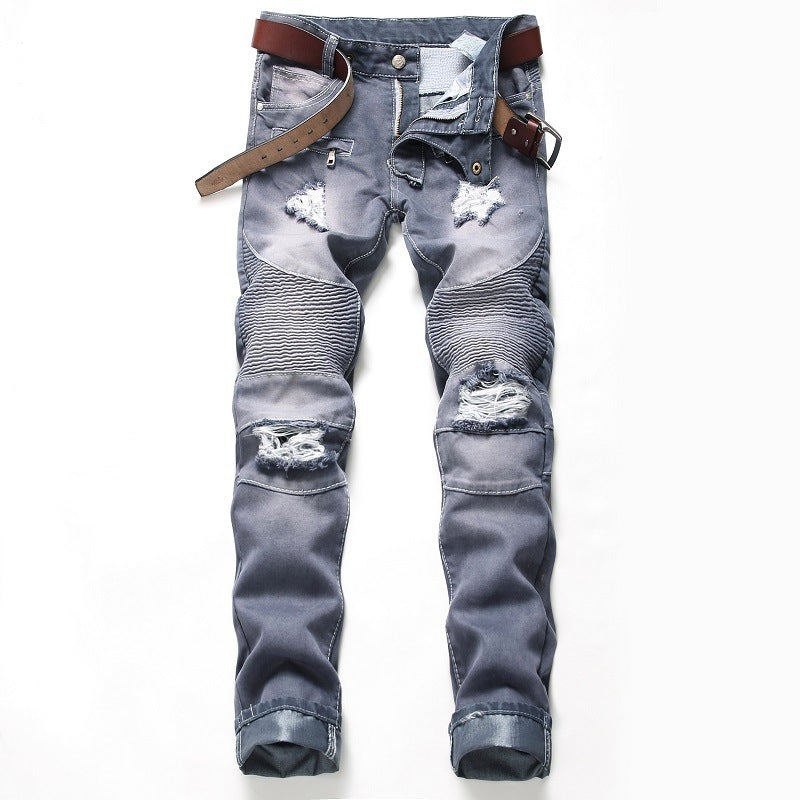 Nostalgic Ripped Motorcycle Pants Straight Personality