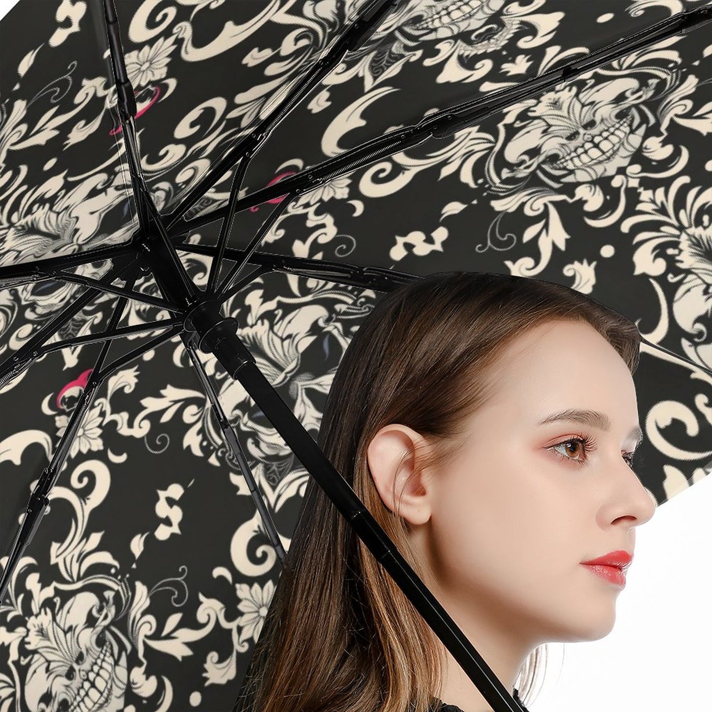 Automatic Umbrella with skull pattern inside & black outside.