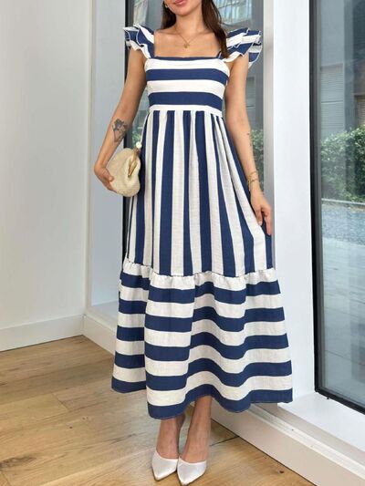 Smocked Striped Square Neck Cap Sleeve Dress - Munsieur