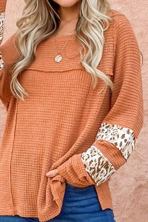 Waffle-Knit Leopard Long Sleeve Slit Blouse - Munsieur